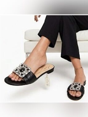 Kate Spade Crystal Buckle Black Leather Italian Luxury Evening Flats Slides 7.5